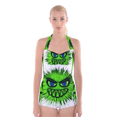 Monster Green Evil Common Boyleg Halter Swimsuit  by Nexatart