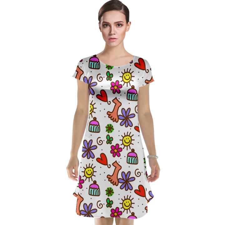 Doodle Pattern Cap Sleeve Nightdress