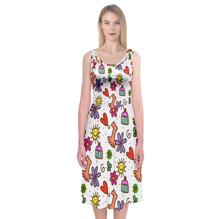 Doodle Pattern Midi Sleeveless Dress