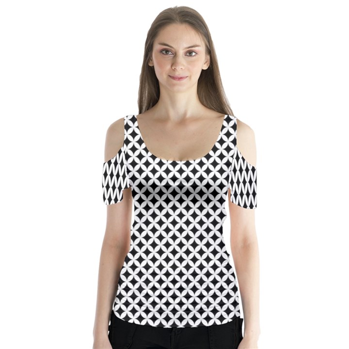 Diamond Black White Shape Abstract Butterfly Sleeve Cutout Tee 