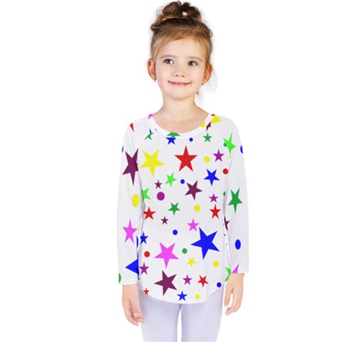 Stars Pattern Background Colorful Red Blue Pink Kids  Long Sleeve Tee by Nexatart