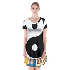 Yin Yang Eastern Asian Philosophy Short Sleeve V-neck Flare Dress