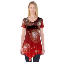 Background Red Blow Balls Deco Short Sleeve Tunic 