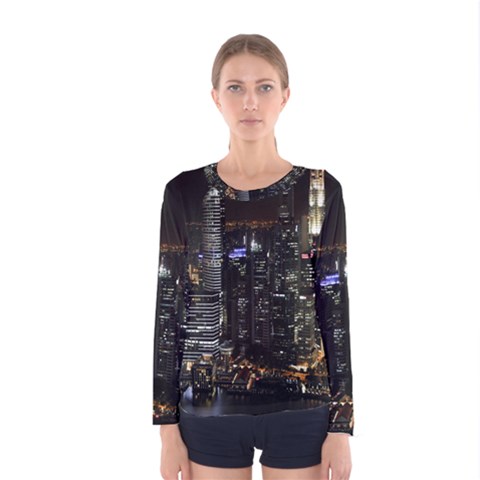 City At Night Lights Skyline Women s Long Sleeve Tee by Nexatart