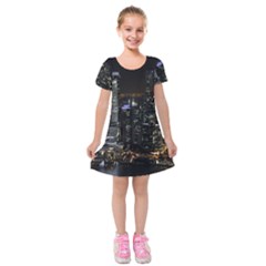 City At Night Lights Skyline Kids  Short Sleeve Velvet Dress