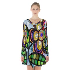 Folk Art Flower Long Sleeve Velvet V-neck Dress