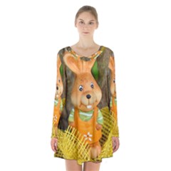 Easter Hare Easter Bunny Long Sleeve Velvet V-neck Dress by Nexatart