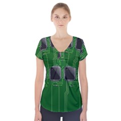 Green Circuit Board Pattern Short Sleeve Front Detail Top by Nexatart