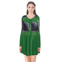 Green Circuit Board Pattern Flare Dress