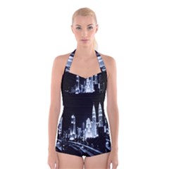 Kuala Lumpur Urban Night Building Boyleg Halter Swimsuit 