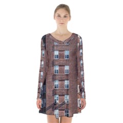 New York Building Windows Manhattan Long Sleeve Velvet V-neck Dress