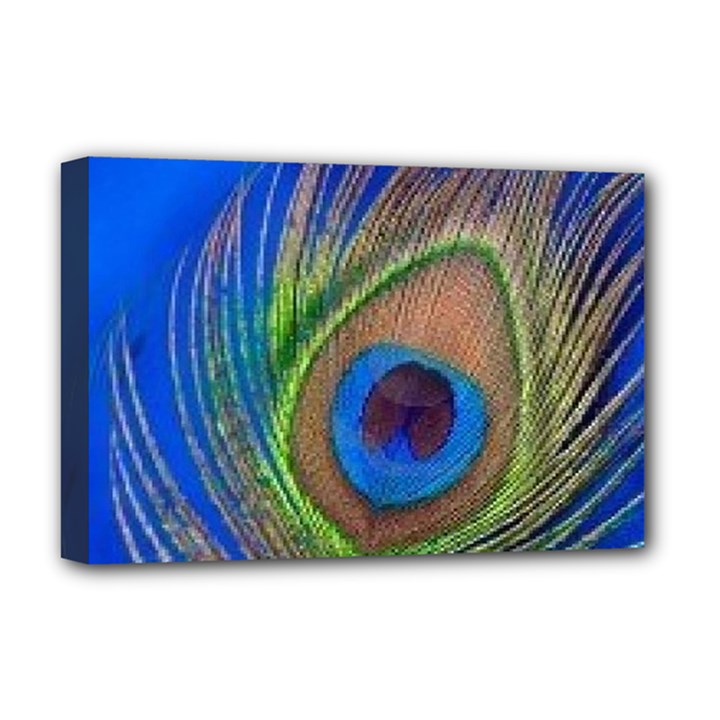 Blue Peacock Feather Deluxe Canvas 18  x 12  