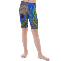 Blue Peacock Feather Kids  Mid Length Swim Shorts