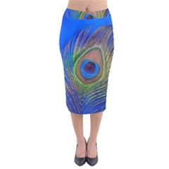 Blue Peacock Feather Velvet Midi Pencil Skirt by Amaryn4rt