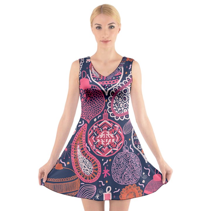 Colorful bohemian purple leaves V-Neck Sleeveless Skater Dress