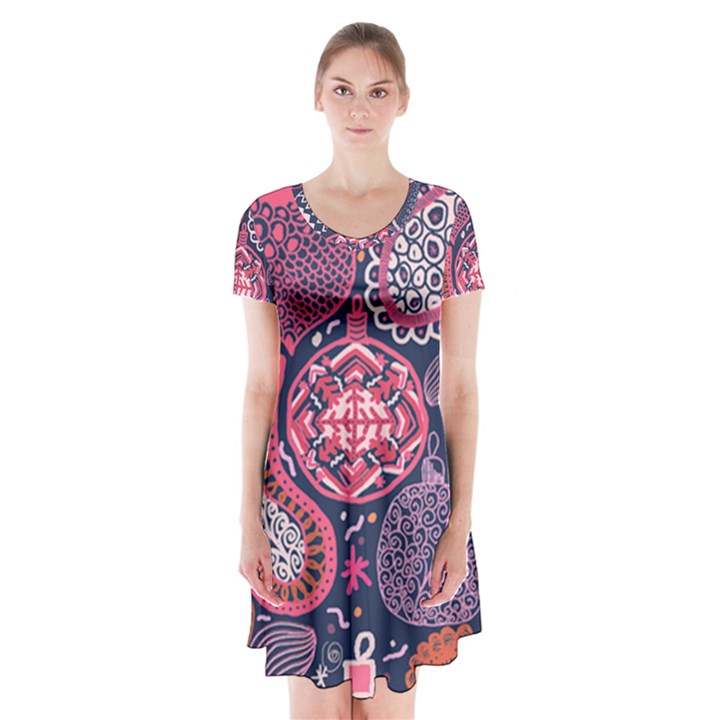 Colorful bohemian purple leaves Short Sleeve V-neck Flare Dress