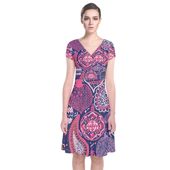 Colorful bohemian purple leaves Short Sleeve Front Wrap Dress