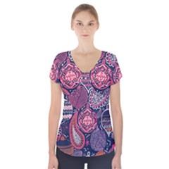 Colorful Bohemian Purple Leaves Short Sleeve Front Detail Top by Brittlevirginclothing