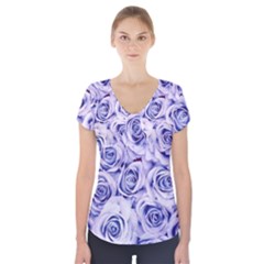 Electric White And Blue Roses Short Sleeve Front Detail Top by Brittlevirginclothing