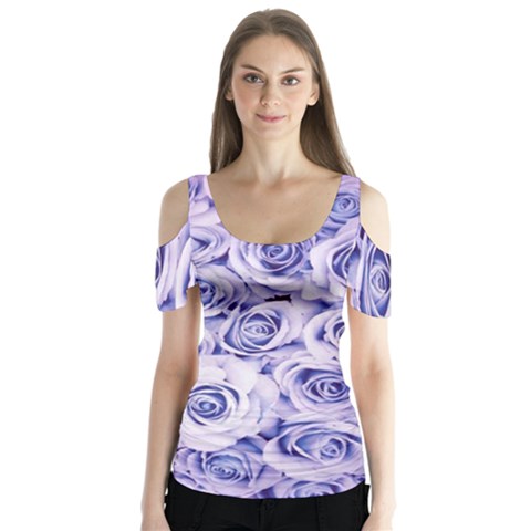 Electric White And Blue Roses Butterfly Sleeve Cutout Tee  by Brittlevirginclothing