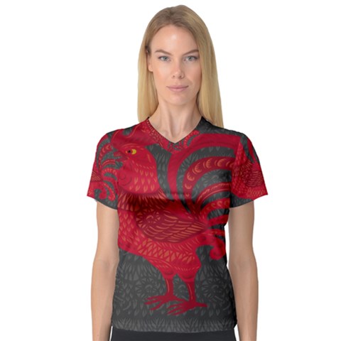 Red Fire Chicken Year Women s V-neck Sport Mesh Tee by Valentinaart