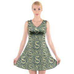 Money Symbol Ornament V-neck Sleeveless Skater Dress