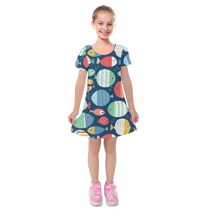 Cute small marine fish Kids  Short Sleeve Velvet Dress