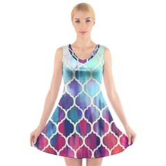 Purple Moroccan Mosaic V-neck Sleeveless Skater Dress