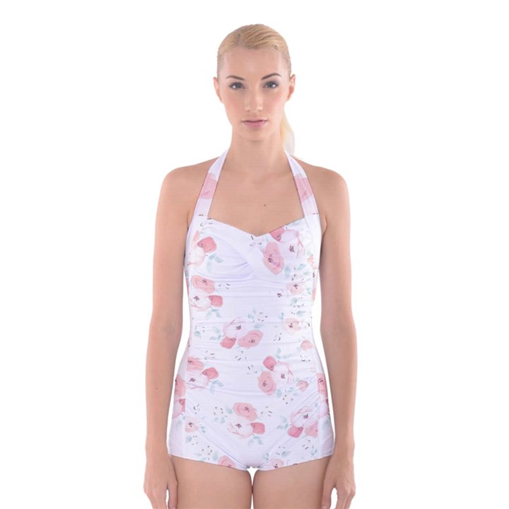 Lovely flowers Boyleg Halter Swimsuit 