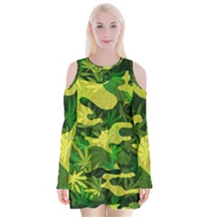 Marijuana Camouflage Cannabis Drug Velvet Long Sleeve Shoulder Cutout Dress by Amaryn4rt