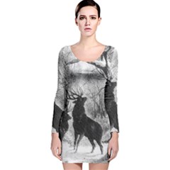 Stag Deer Forest Winter Christmas Long Sleeve Velvet Bodycon Dress