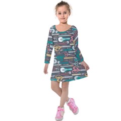 Sewing Stripes Kids  Long Sleeve Velvet Dress by electrogiraffe