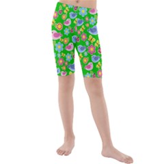 Spring Pattern - Green Kids  Mid Length Swim Shorts by Valentinaart