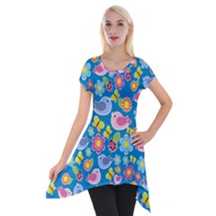 Spring Pattern - Blue Short Sleeve Side Drop Tunic by Valentinaart