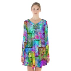 Rainbow Floral Doodle Long Sleeve Velvet V-neck Dress by KirstenStar