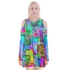 Rainbow Floral Doodle Velvet Long Sleeve Shoulder Cutout Dress by KirstenStar