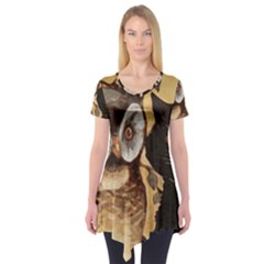 Owl And Black Cat Short Sleeve Tunic  by Nexatart