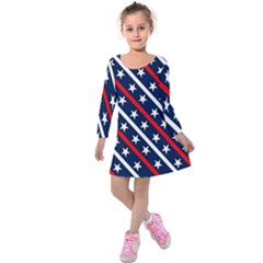 Patriotic Red White Blue Stars Kids  Long Sleeve Velvet Dress by Nexatart