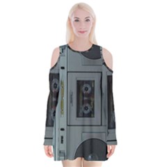 Vintage Tape Recorder Velvet Long Sleeve Shoulder Cutout Dress by Nexatart