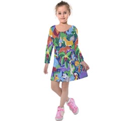 Animated Safari Animals Background Kids  Long Sleeve Velvet Dress by Nexatart