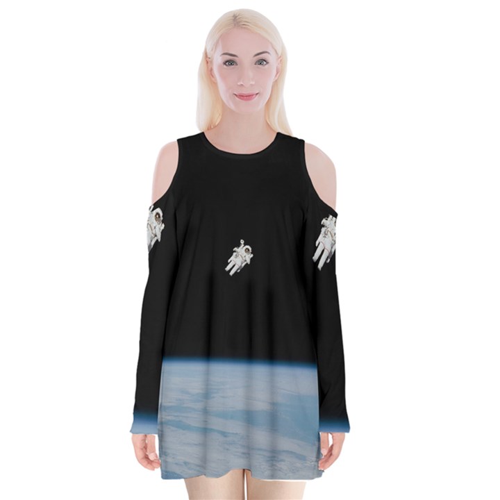 Astronaut Floating Above The Blue Planet Velvet Long Sleeve Shoulder Cutout Dress