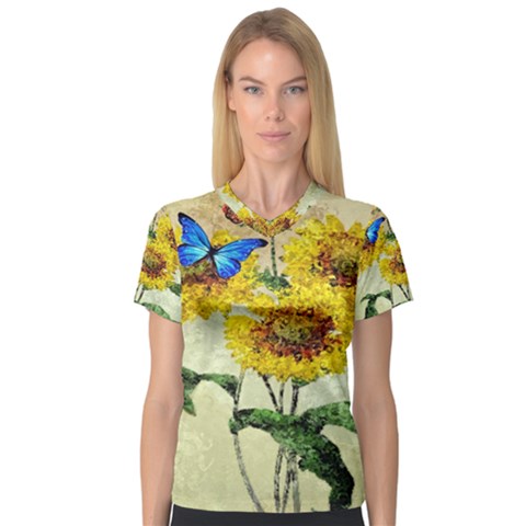 Backdrop Colorful Butterfly Women s V-neck Sport Mesh Tee by Nexatart