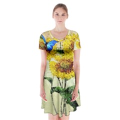 Backdrop Colorful Butterfly Short Sleeve V-neck Flare Dress by Nexatart