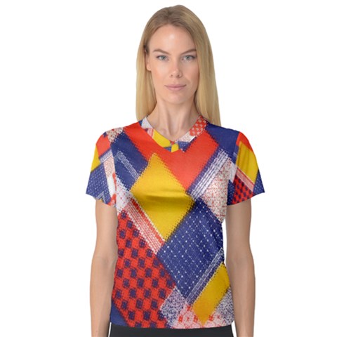 Background Fabric Multicolored Patterns Women s V-neck Sport Mesh Tee by Nexatart