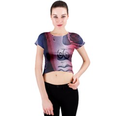 Background Fabric Patterned Blue White And Red Crew Neck Crop Top by Nexatart