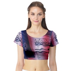 Background Fabric Patterned Blue White And Red Short Sleeve Crop Top (tight Fit) by Nexatart