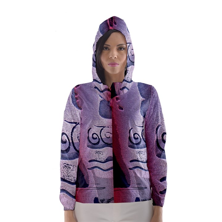 Background Fabric Patterned Blue White And Red Hooded Wind Breaker (Women)