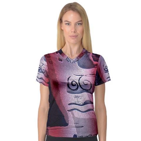 Background Fabric Patterned Blue White And Red Women s V-neck Sport Mesh Tee by Nexatart