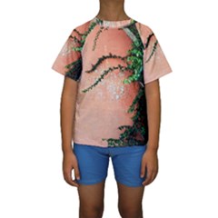 Background Stone Wall Pink Tree Kids  Short Sleeve Swimwear by Nexatart