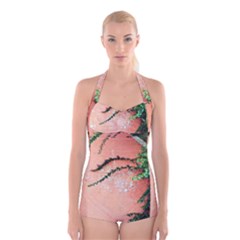 Background Stone Wall Pink Tree Boyleg Halter Swimsuit  by Nexatart